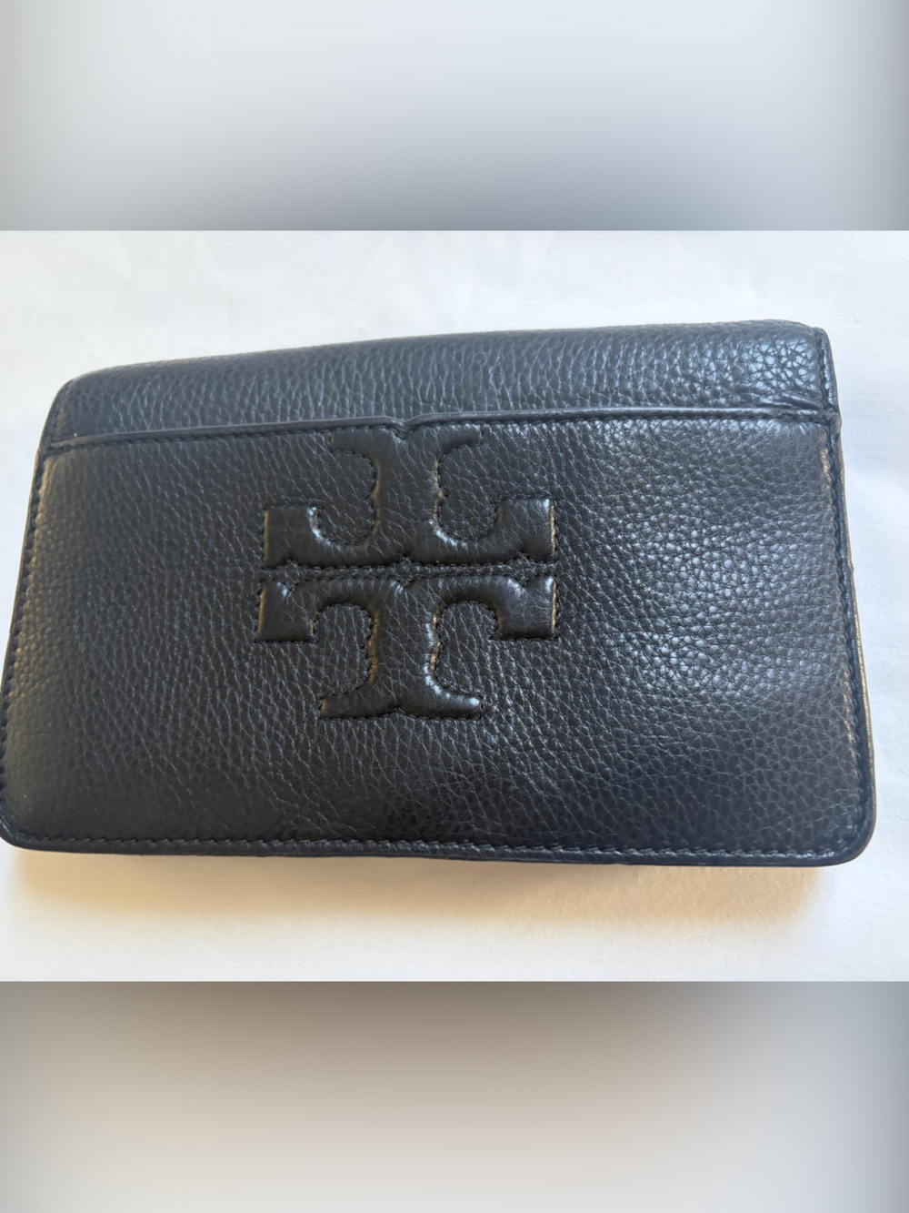 Tory Burch Black Pebbled Leather Phone Wallet Case with Logo